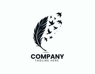 Elegant Black Feather Silhouette Releasing Smaller Birds Flying Vector Logo Design