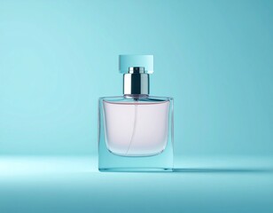 Perfume advertisement, luxury and minimalism: Sculptural perfume design, clean reflective surface.
