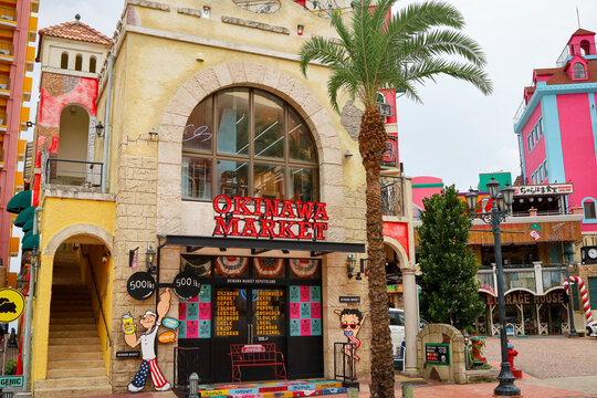 Mihama American Village in Okinawa, Japan - July 2024: historic American village or community in Okinawa, once a symbol of the past, is now a popular tourist attraction on the island