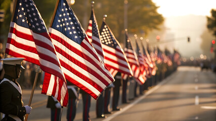 In mid-morning sunlight, a Veterans Day parade with American flags, and uniformed military veterans showcases patriotic spirit and unity, highlighting their determination
