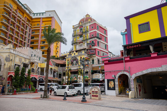 Mihama American Village in Okinawa, Japan - July 2024: historic American village or community in Okinawa, once a symbol of the past, is now a popular tourist attraction on the island