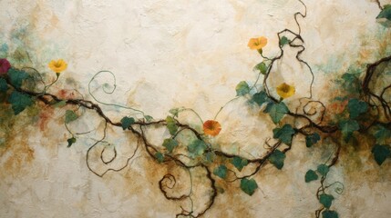 Painting of a Vine with Flowers on Textured Background