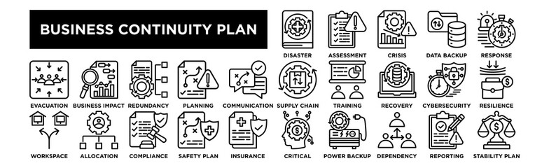 icon collection set.Disaster Recovery Plan,Risk Assessment,Crisis Management,Data Backup ,Incident Response