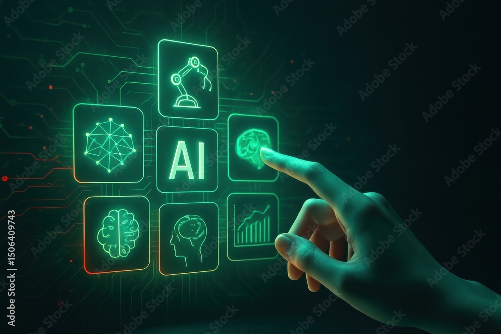Fototapete Hand Touching AI Interface With Glowing Icons, Representing Digital Transformation and Technological Innovation for Future Business Strategy : Generative AI