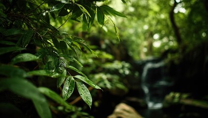 Lush Rainforest Waterfall Scene.