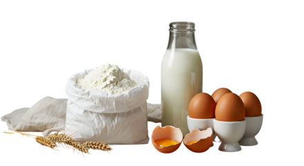 Food Ingredients Still Life Photo Featuring Eggs Milk And Flour On White Background