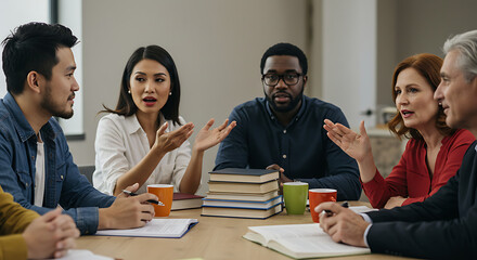 Diverse group of professionals engaged in a lively discussion around a table