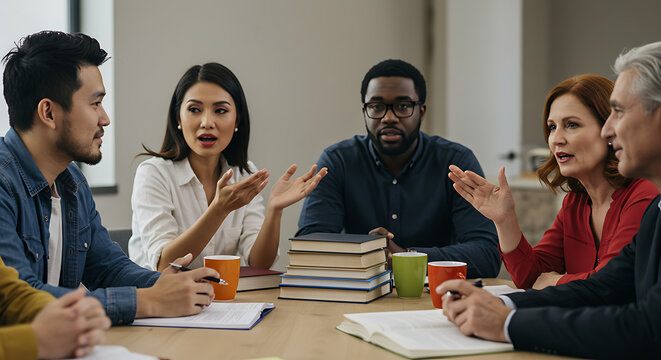 Diverse group of professionals engaged in a lively discussion around a table