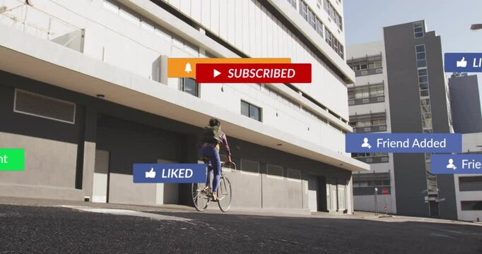 female commuter riding bicycle past modern facade causing tech overlays fading then sliding away