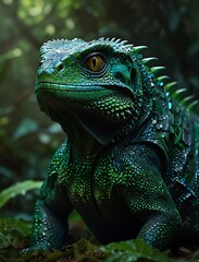 A vibrant, digital illustration showcases a large lizard, likely a species of iguana, with a striking teal-green hue. 
