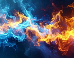 Abstract image of fire and ice with blue and orange flames swirling in a dark background space