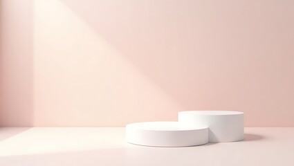 Two white cylinder podiums for product display on pink background