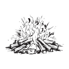 Monochrome campfire illustration depicting burning logs with stylized flames