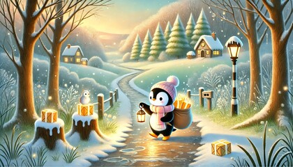 A heartwarming illustration of a penguin mail carrier traveling through a melting winter forest, delivering glowing letters and tiny packages to woodland creatures in their charming homes