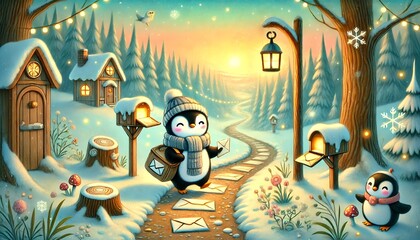 A heartwarming illustration of a penguin mail carrier delivering glowing letters in a sunlit, snow-melting forest, with cozy woodland homes, magical floating lights, and a dreamy pastel atmosphere