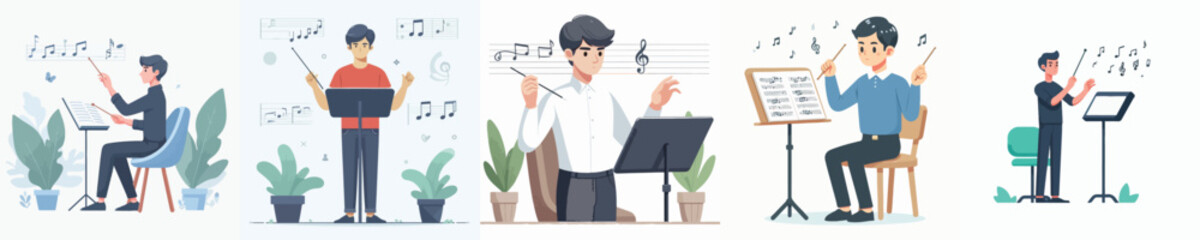vector character young man practicing music conductor