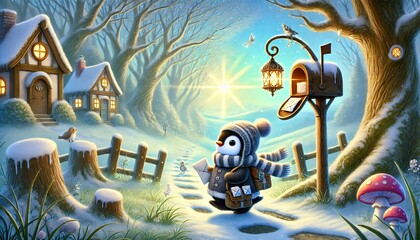 A whimsical, fantasy illustration of a penguin mail carrier journeying through a magical, snow-melting forest, delivering glowing letters to woodland creatures as spring softly awakens the land