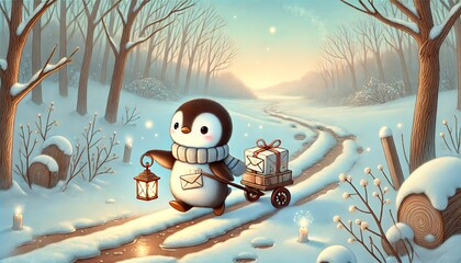 A charming and whimsical illustration of a small penguin mail carrier delivering glowing letters and magical parcels along a melting snowy path in an early spring forest, under a soft pastel sky