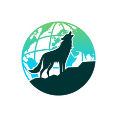 Globe with wolf on rocks vector logo