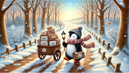 A Small Penguin Mail Carrier Delivers Magical Letters Through a Melting Snowy Forest on a Warm Spring Day