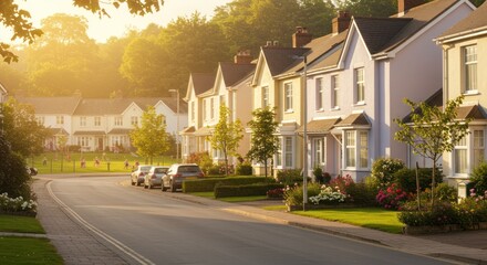 Row of Houses with Gardens in Residential Area