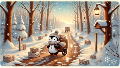 A Small Penguin Mail Carrier Travels a Snowy Path, Delivering Magical Letters Under a Soft Spring Sky
