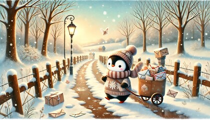 A Small Penguin Mail Carrier Walks a Snowy Path, Delivering Magical Letters in the Gentle Glow of a Spring Morning