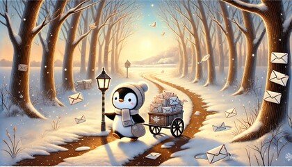 A Small Penguin Mail Carrier Travels Through a Snowy Forest Path, Delivering Enchanted Letters in the Soft Glow of Spring