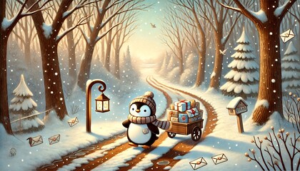 A Small Penguin Mail Carrier Journeys Through a Melting Snowy Path, Delivering Enchanted Letters as Spring Unfolds