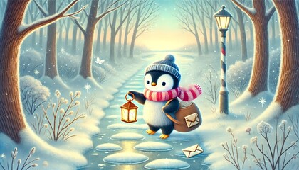 A heartwarming storybook-style illustration of a small penguin mail carrier walking along a thawing path in a quiet spring forest, carrying glowing parcels and letters under a pastel sky