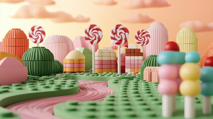 A surreal and playful landscape composed of various candy and confectionery elements creating a whimsical floating world filled with vibrant colors textures and imaginative shapes