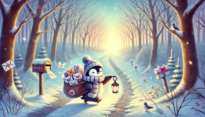 A heartwarming storybook illustration of a penguin mail carrier traveling along a sunlit forest path in early spring, delivering glowing letters and parcels amidst melting snow and soft pastel hues