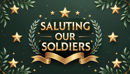 Fototapeta premium Elegant dark green background with gold lettering 'Saluting Our Soldiers,' surrounded by laurel wreath, stars, and ribbon. Perfect for Veterans Day or military appreciation.