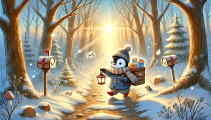 A heartwarming storybook-style illustration of a small penguin mail carrier journeying through a sunlit forest path in early spring, with glowing letters and a gentle, whimsical atmosphere