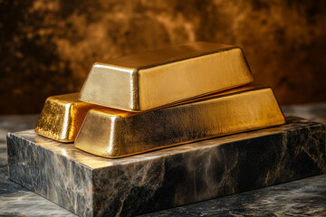 Three gleaming gold pieces elegantly displayed on a luxurious black marble pedestal.
