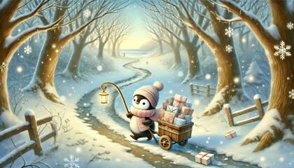 A heartwarming illustration of a small penguin mail carrier traveling along a melting snow path in a serene spring forest, carrying glowing letters and parcels, with a dreamy fairy tale atmosphere