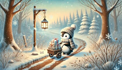 A heartwarming, storybook-style illustration of a penguin mail carrier journeying through a serene, snow-melting spring forest, delivering glowing letters and parcels under a pastel-colored sky
