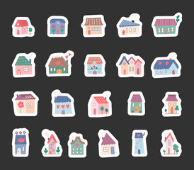 House set in scandinavian, featuring residential cottage buildings with rooftops, chimneys, windows and doors created for illustration and creative design projects in simple architectural style