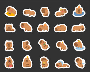 Capybara character scandinavian set with various charming poses including resting, sitting, sleeping, holding, floating, bathing and dreaming for yours illustration and creative designs projects
