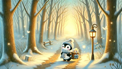 A heartwarming storybook-style illustration of a small penguin mail carrier delivering letters through a quiet forest, with melting snow and warm spring sunlight