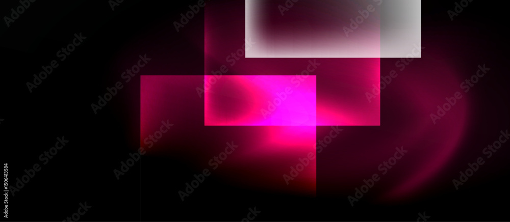 Poster Abstract composition featuring overlapping rectangles. Pink hues dominate dark background, creating glowing effect. Minimalist design.