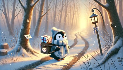 A gentle penguin postman walks through a dreamy, snow-covered forest path at twilight, delivering letters and gifts under the soft glow of lantern light