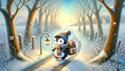A small penguin mail carrier journeys along a snow-covered path at sunrise, carrying carefully wrapped gifts and letters while lantern light guides the way