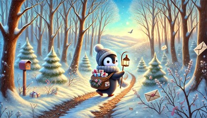 A warm-hearted penguin mail carrier journeys through a snow-covered forest, delivering glowing letters and gifts along a winding path bathed in golden light