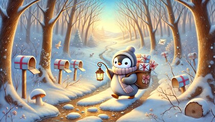 A cheerful penguin mail carrier delivers heartfelt letters and gifts along a snow-covered forest path, bathed in the golden glow of a magical winter sunrise