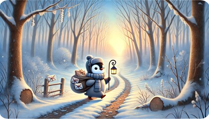 A Delightful Penguin Mail Carrier Braving a Snowy Enchanted Forest at Dawn, Carrying Letters and a Lantern Towards the Glowing Sunrise