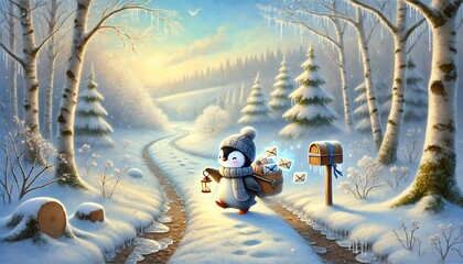 A Cheerful Penguin Mail Carrier Delivering Letters Through a Snowy Enchanted Forest Bathed in Warm Golden Morning Light
