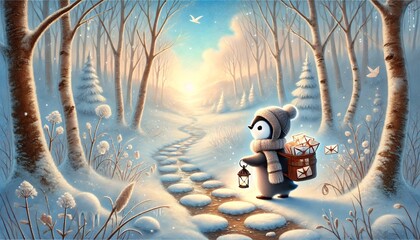 A Warmhearted Penguin Mail Carrier Strolling Along a Snowy Path at Sunrise, Holding a Lantern and Carrying Letters Through a Serene Winter Forest