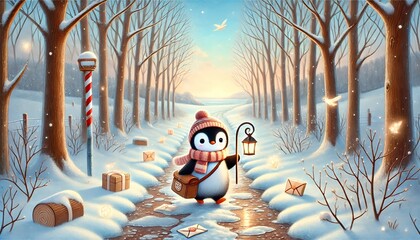 A heartwarming and dreamy illustration of a penguin mail carrier delivering glowing letters through a thawing forest path under a pastel winter-spring sky