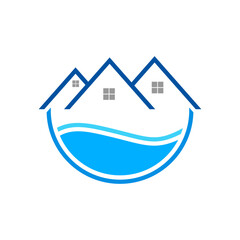 Roofing house and water with shape semicircle vector logo
